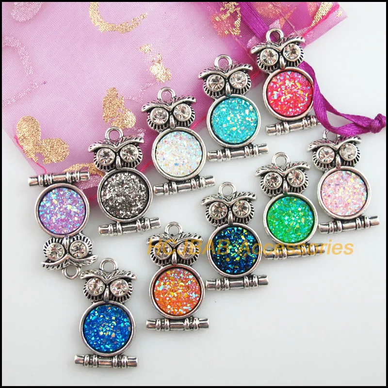 10 New Animal Charms Tibetan Silver Tone Retro Mixed Round Resin Pendants 15x28.5mm