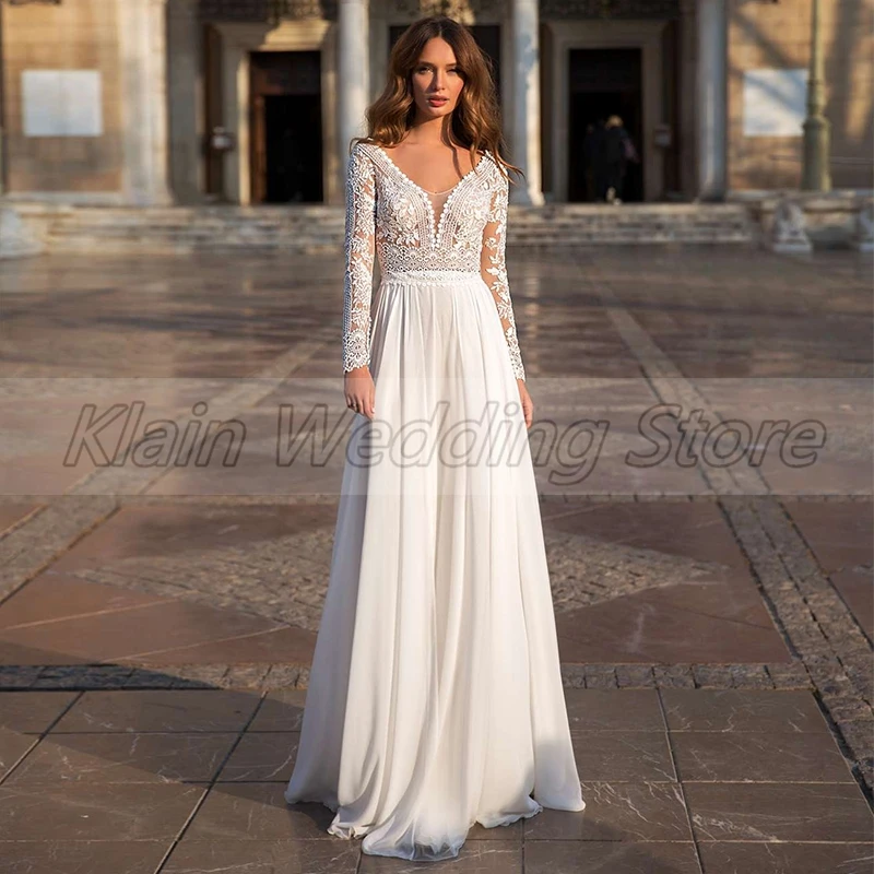 Vestido De Novia clásico De gasa con corte en A para mujer, Vestido De encaje con cuello en V, mangas largas, apliques nupciales con tren De barrido