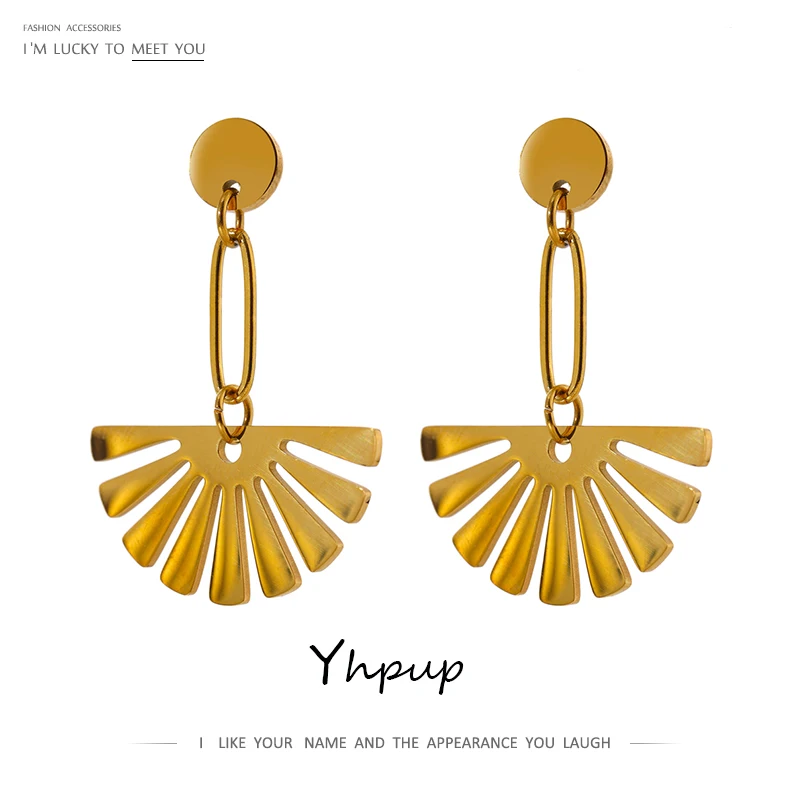 Yhpup Trendy Sector Long Drop Earrings Stainless Steel Metal Gold 18 K Plated Geometric Jewelry Bijoux Femme Waterproof Gift