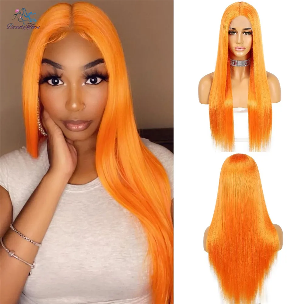 Long Straight Orange Synthetic Lace Wig Cosplay Blogger Makeup Party Holiday Gift For Girl Synthetic T Lace Wig 2022 BeautyTown