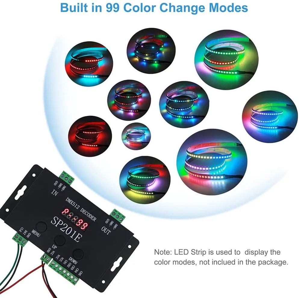 WS2812B WS2811 DMX to SPI Controller Decoder, W/ 99 Color Modes, SP201E 5 Channel DMX 512 RGB WW Decoder Controller for SK6812