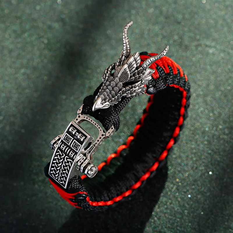 Charm Silver Color Dragon Braided Paracord Camping Bracelet Men Hiking Outdoor Accessories Bracelet Pulseira Masculina