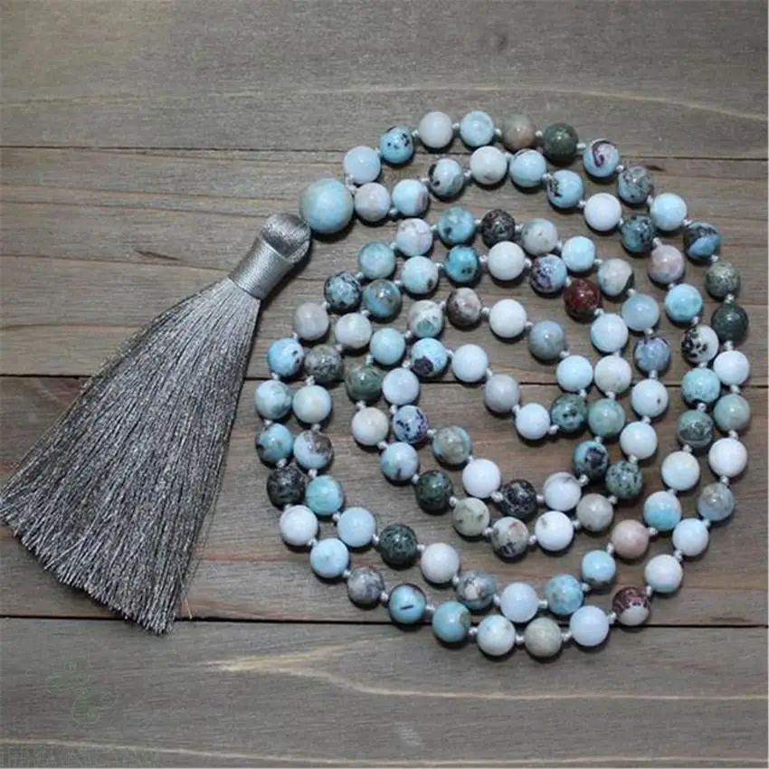 

8mm Natural African Turquoise Amazonite 108 Beads Gemstone Tassel Mala Necklace Cuff Prayer Blessing Lucky biess Buddhism Unisex