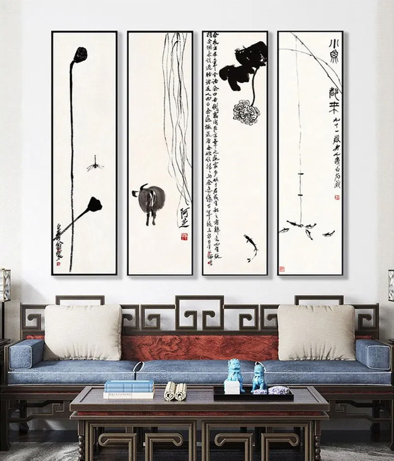 Chinese Wall Art Traditional Canvas Painting Chinese Lotus Flower Poster Print Pictures Home Decor Living Room Wall Paintings