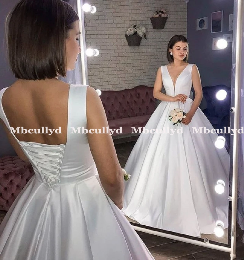 Mbcullyd-Vestido de novia de satén con cuello en V, elegante, de novia, con Espalda descubierta, talla grande, 2023