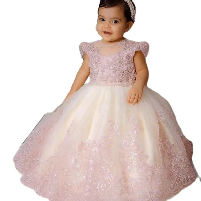 Cute Pink Lace flower girl dress baby toddler tulle birthday gown abbigliamento per bambini per matrimonio e festa manica corta