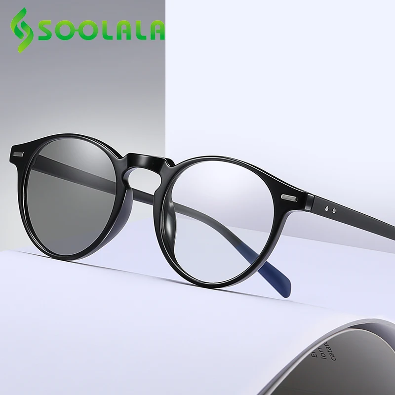 

SOOLALA TR90 Round Blue Light Blocking Photochromic Glasses Driving Women Men Eyewear Color Changing Computer Eyeglasses UV400