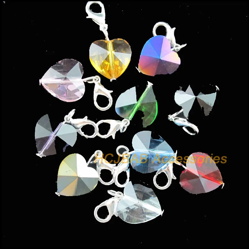 10 New Heart With Clasps Charms Silver Plated Crystal Beads Mixed