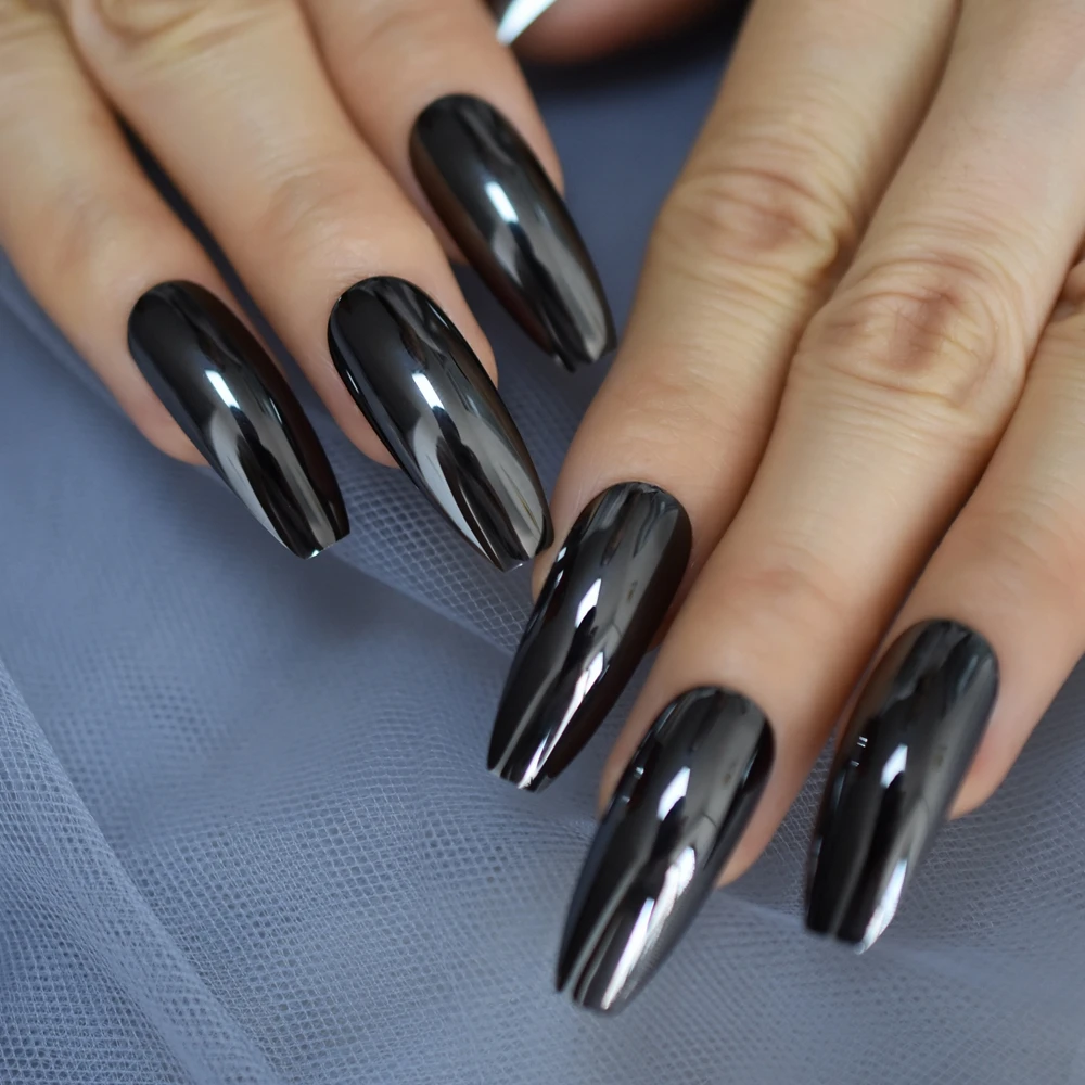 Mirror Effect Nail Black Coffin Nail Metallic Long Dark Curved Fake Nail Tips Adult Artificial Ballerina Nails