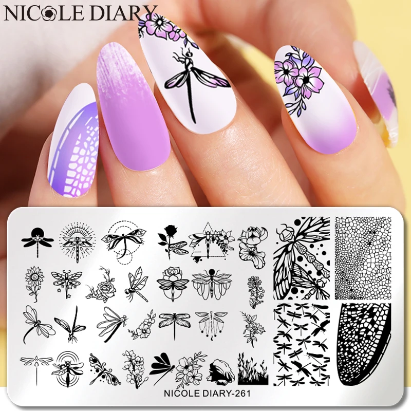 NICOLE DIARY Dragonfly Nail Stamping Plates Butterfly Flower Design Printing Mold Stamp Templates Image Transfer Stencil