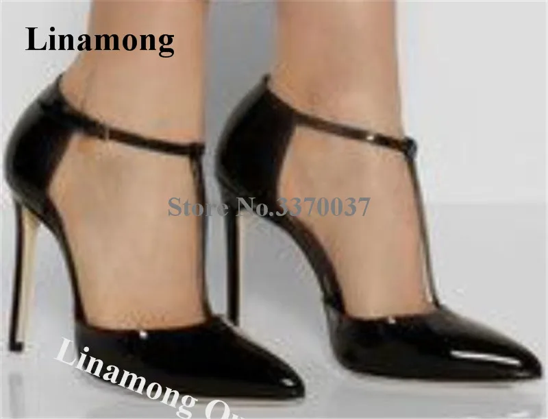 Linamong Classical Patent Leather Pointed Toe Stiletto Heel Pumps Black T-strap High Heels Formal Dress Shoes Big Size 47