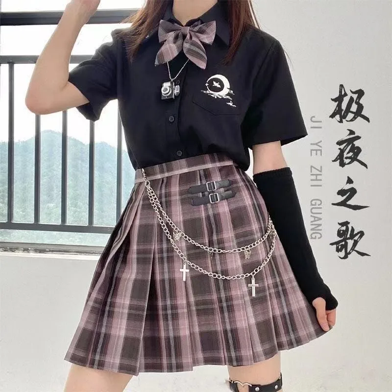 Alta qualidade jk uniformes estudantes manga curta verão menina, cintura alta plissado roxo xadrez mini saia vestido feminino