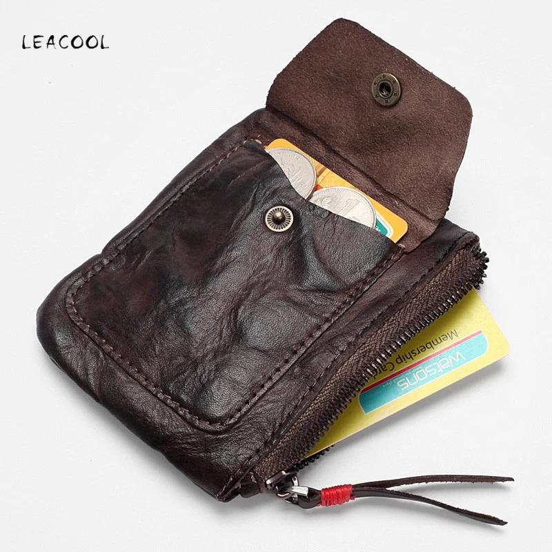 LEACOOL Vintag Cowhide Genuine Leather Men's Coin Purse Genuine Leather Zipper Coin Wallet Retro Key Holder Small Money Bag