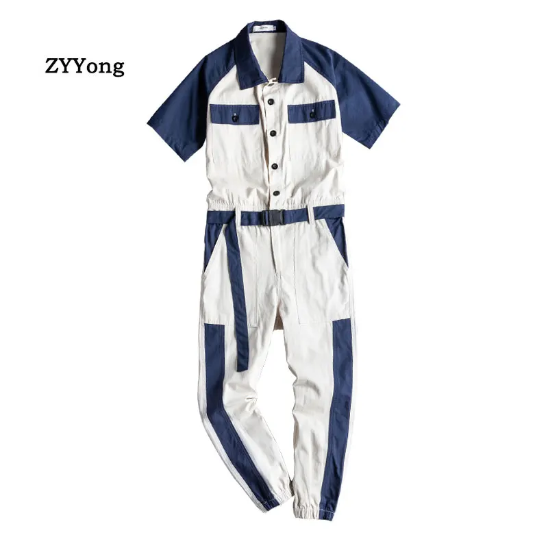 

ZYYong Summer Men's Short-Sleeved Jumpsuit Lapel Striped Streetwear Hip-Hop Casual Beam Feet Men's Overalls Joggers Men's Pants