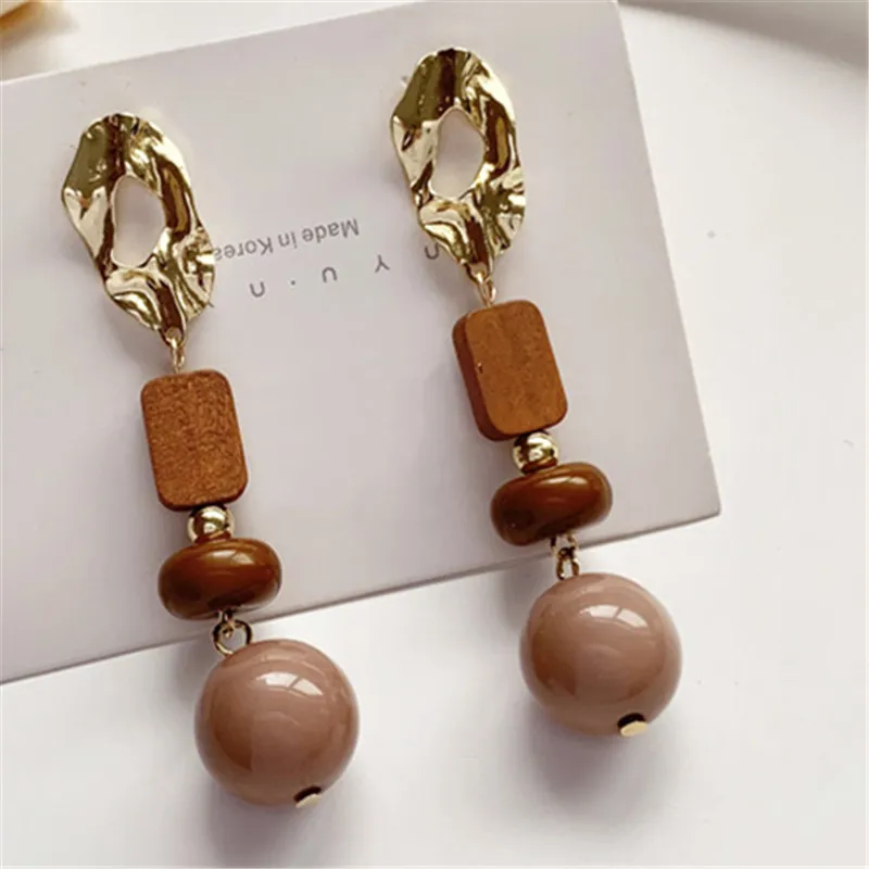 Bohemian Long Brown Wood Earrings Fashionable Joker Retro Geometric Ball Stud Earrings Girl Women Jewelry, Gift Accessories