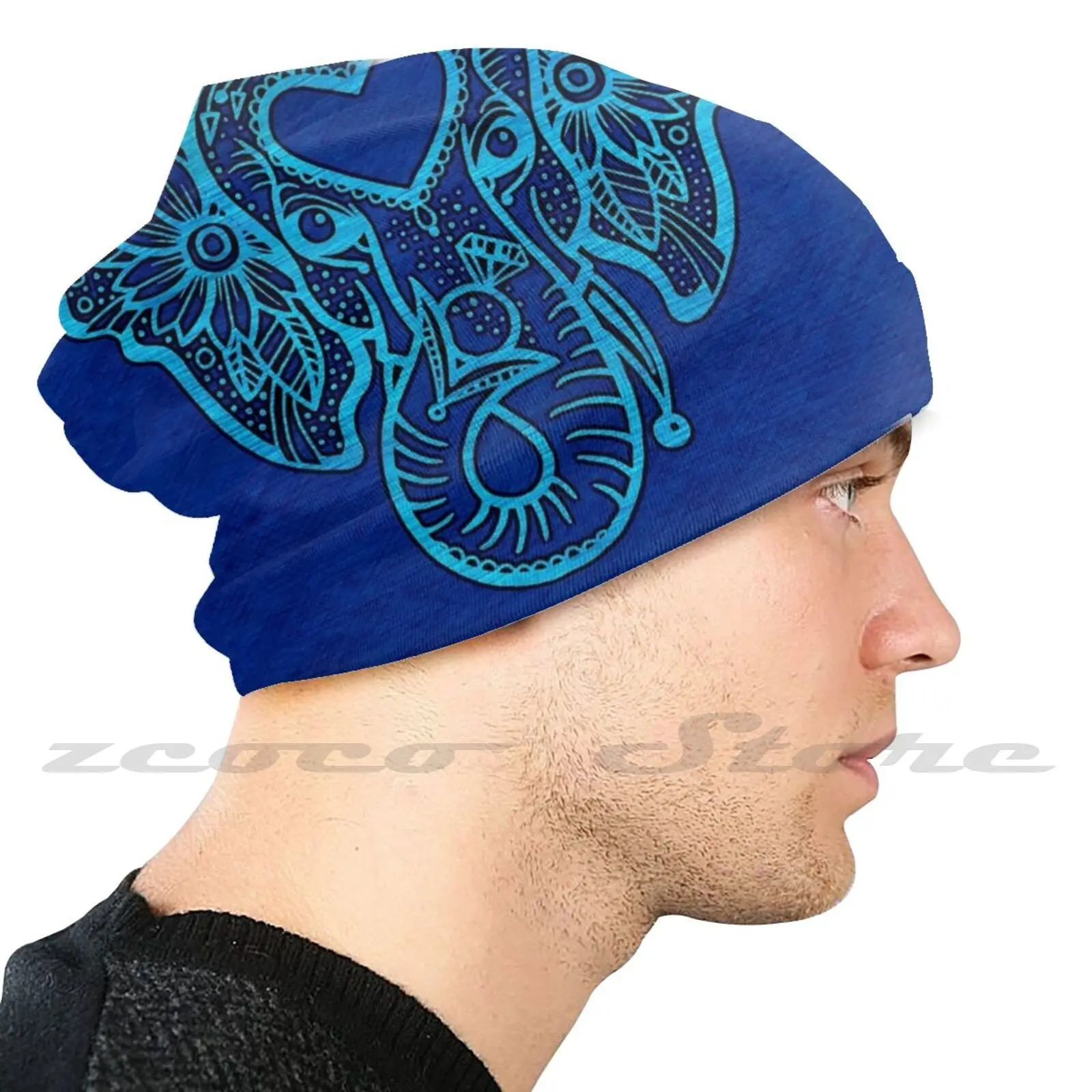 Blueelephant Knit Hat Hedging Cap Soft Elasticity Outdoor Sports Leisure Elephant Pachyderm Animal Exotic Pattern Linework Blue