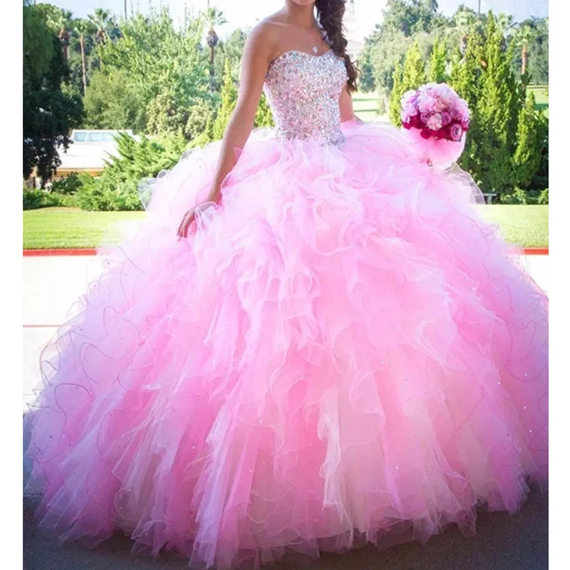 

Quinceanera Dresses Pink Ball Gown Sweetheart vestidos 15 anos de princesa Ruffles Puffy Skirt Glitter Beaded Prom Dress Gowns