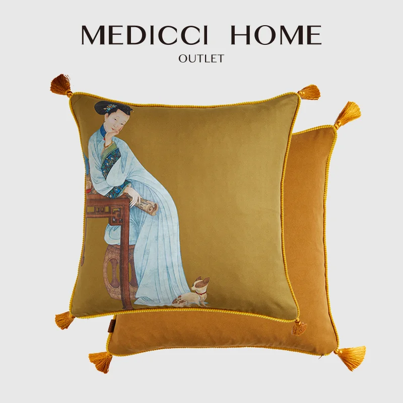 

Medicci Home Oriental Mixed Modern Style Cushion Cover Chinese Classical Women Print Living Room Throw Pillow Case With Tassels