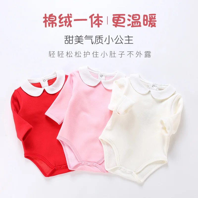 

Baby Girl Bodysuit Thick Warm Winter Clothes Long Sleeves Jumpsuit Peter Pan Collar Outfit Solid Baby Clothing Cute Kid Overall