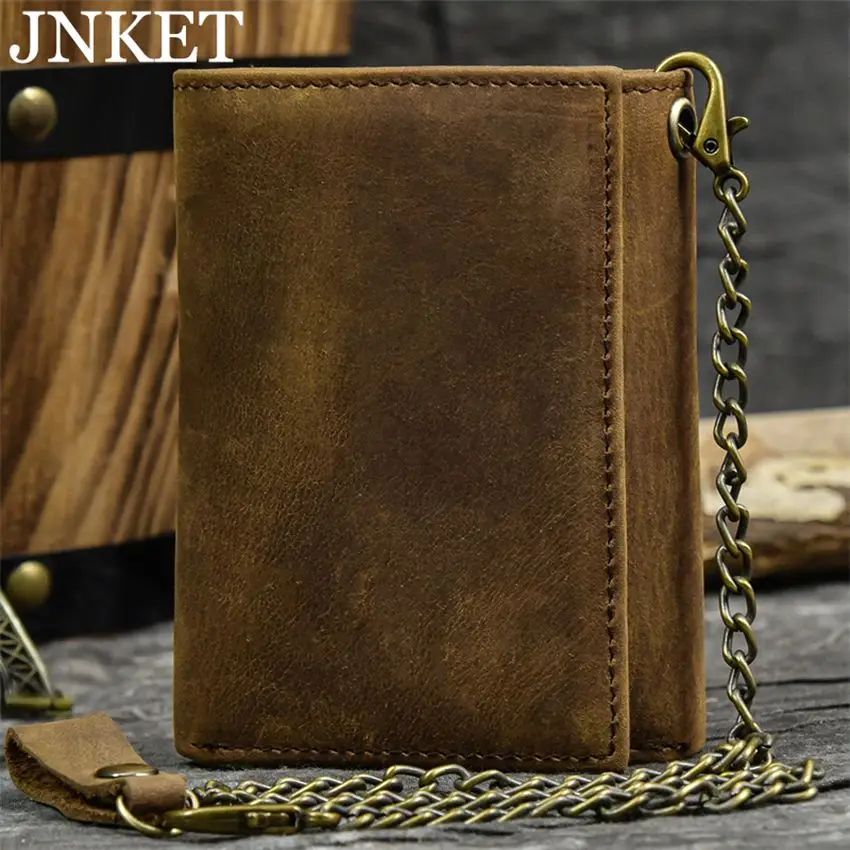 

JNKET Retro Men Cow Leather Wallet Multifunction Clutch Wallet Anti-theft Chain Wallet Three Fold Credit Card Holder Wallet