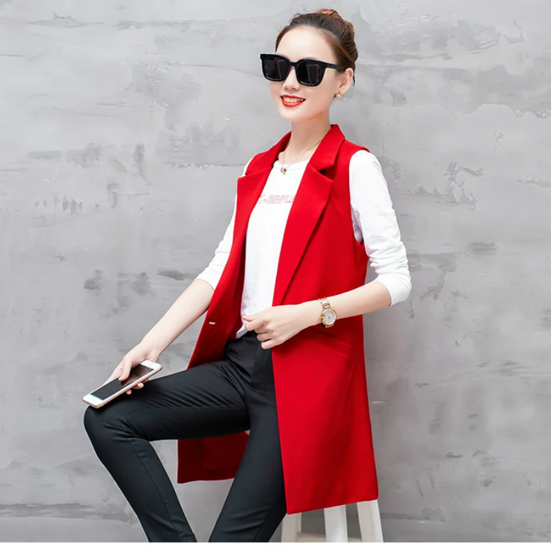 4 Colors Women Long Blazer Vest  Plus Size Sleeveless Jacket