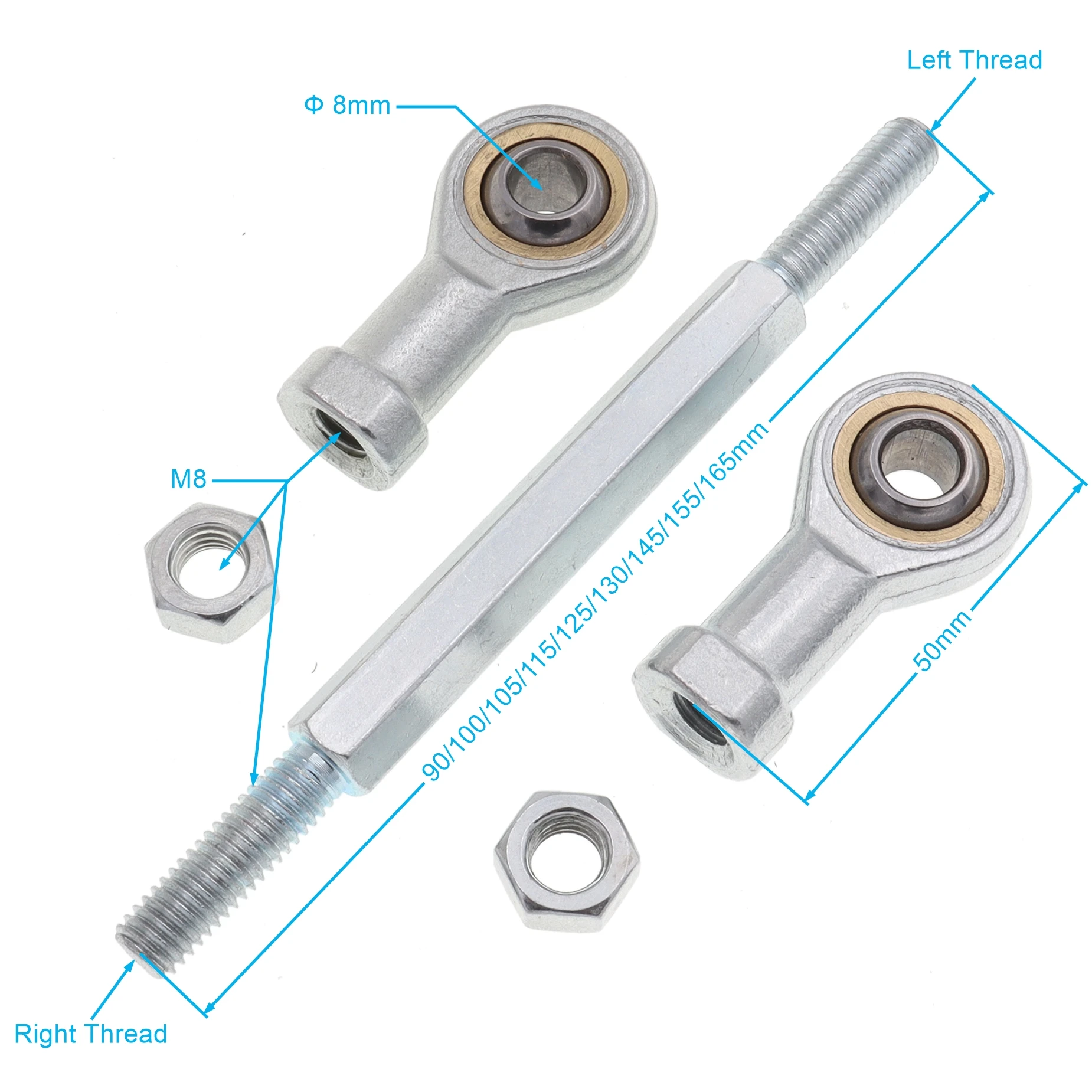 1 Pair 90 100 105 115 125 130 145 155 165mm M8 Fish Eye Steering Bar Ball Joint Tie Rod Kits for 49cc Mini Chinese Quad ATV Bike