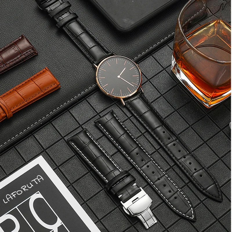 

20mm 22mm 24mm Calfskin Leather Watch Band Strap for Tissot Seiko Samsung Huawei Garmin Watchband Butterfly Buckle Wrist Strap