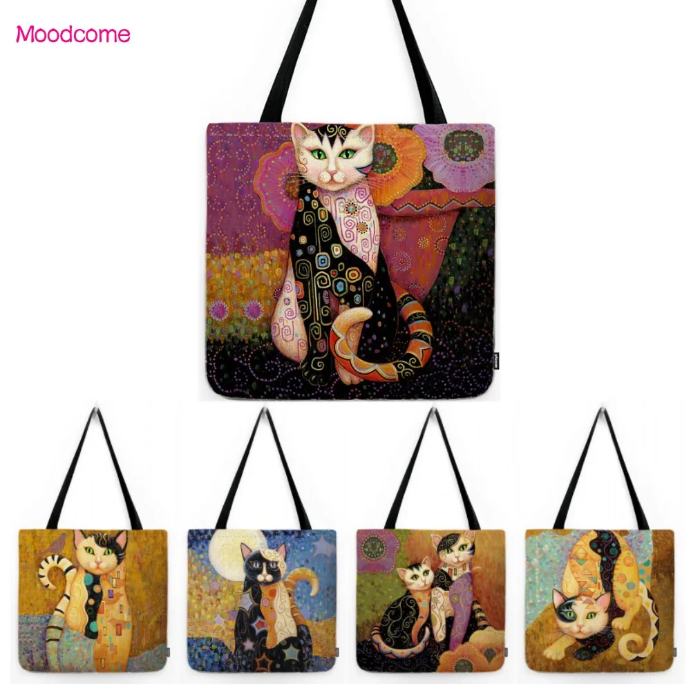 Gold Yellow Klimt Style Modern Aesthetics Lovely Cat Adorable Kitten Water Resistant Cute Shopper Large Shoulder Bag Tote Bag