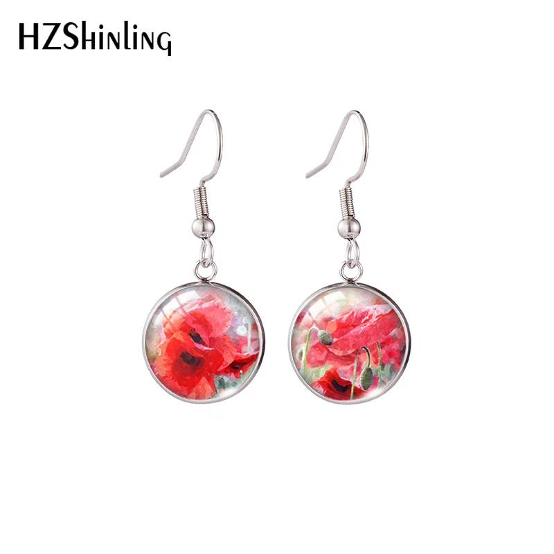 Hot Sale Red Blue Poppies Flower Paintings Stainless Steel Pattern Glass Cabochon Dangle Drop Hook Earrings Jewelry