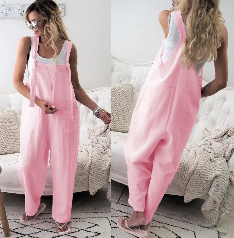 New Hot Casual Loose Wide Leg strap Jumpsuit Woman Cotton Linen Solid Pocket Romper Ladies Playsuits Overalls Large Size