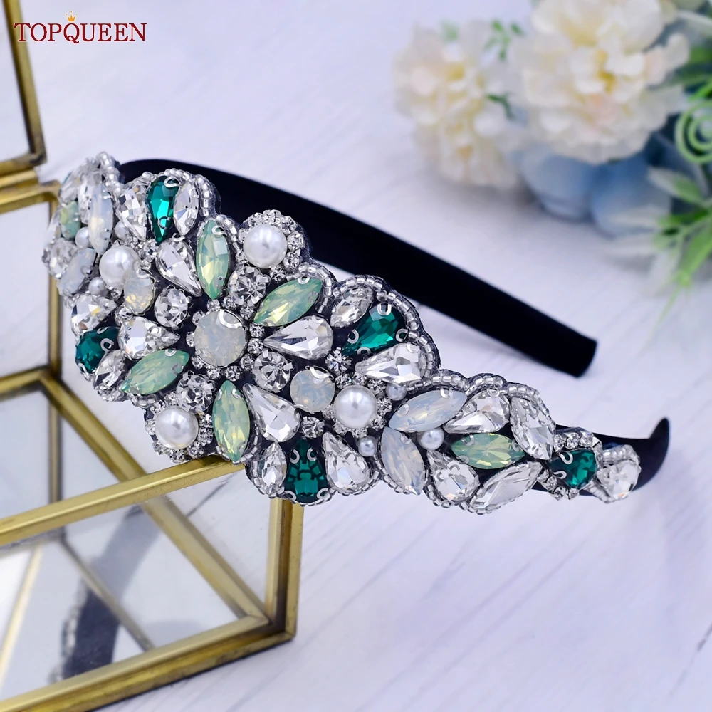 TOPQUEEN S443-FG Ladies Green Rhinestone Headband Fashion Simple Style Party Dance Wedding Headdress Girls Daily Wear Headband