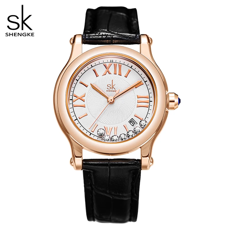 Shengke New Quality Leather Watch For Women Japanese Quartz Movement Relogio FemininoWith Calendar Moving Crystal On Dial