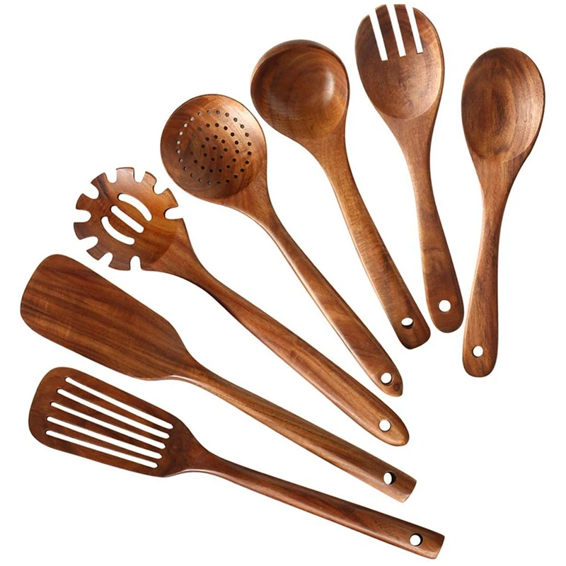 Wooden Kitchen Utensils Set,Wooden Spoons for Cooking Natural Teak Wood Kitchen Spatula Set for Including 7 Pack