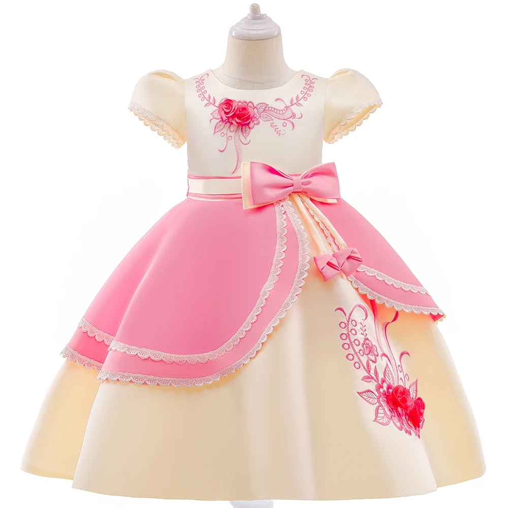 Girl Lovely Pink Costume Children Bow Lace Tulle Embroidered Three-dimensional Flower Party Princess Ball Gown Dress 3-10 Years