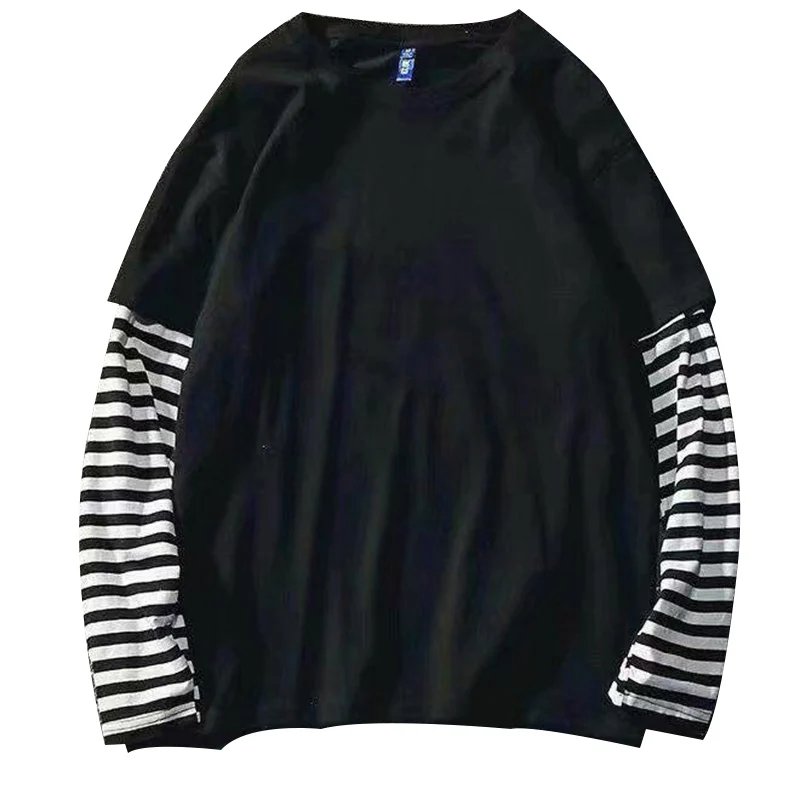 Fake Two Striped Color Matching Stitching Long Sleeve Women  T-shirt 2020 Autumn Winter Hip Hop Style Couple Bottoming Shirt