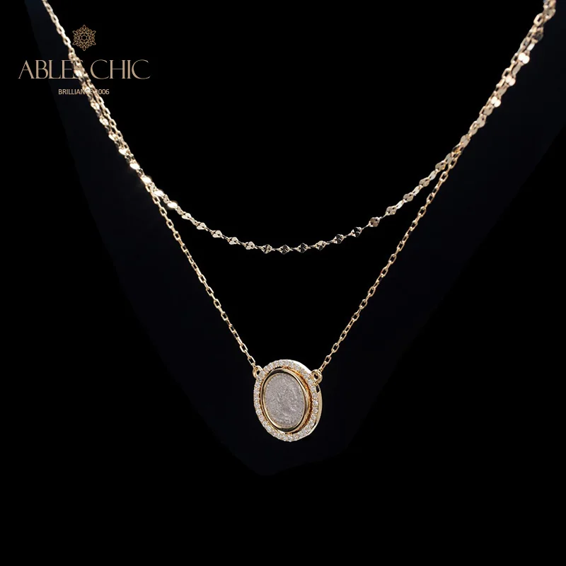 Ables chic-colar autêntico em ouro 18k, pendente moeda grega, diamante natural, 0.13ct, reversível, dupla face, medalhão, 45cm