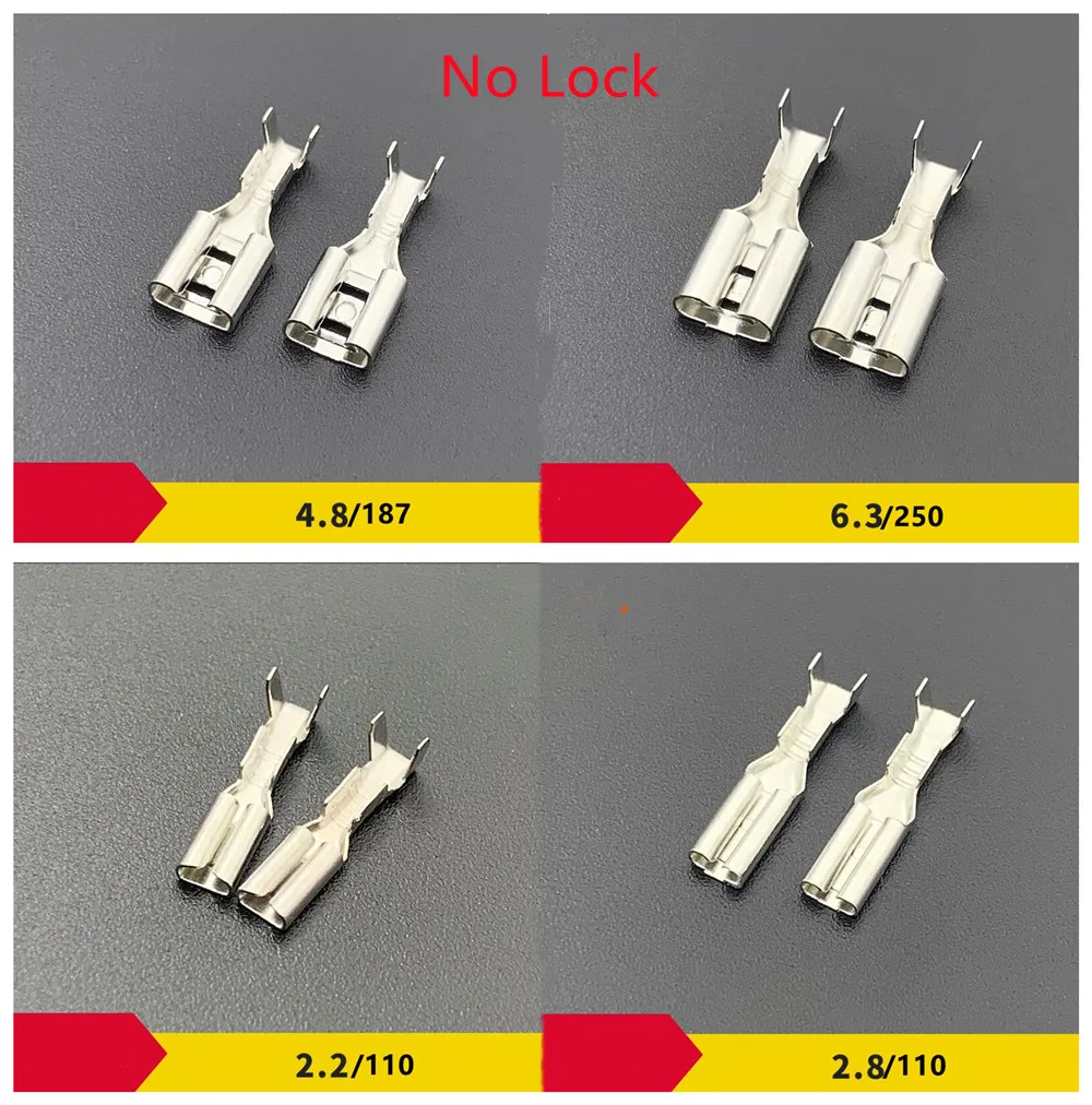 500PCS/1Lot Female Lug Car Connector Plug-In Wiring Crimp Terminal - No Lock/With Lock/Square/Flag 2.2 2.8 4.8 6.3MM 110 187 250