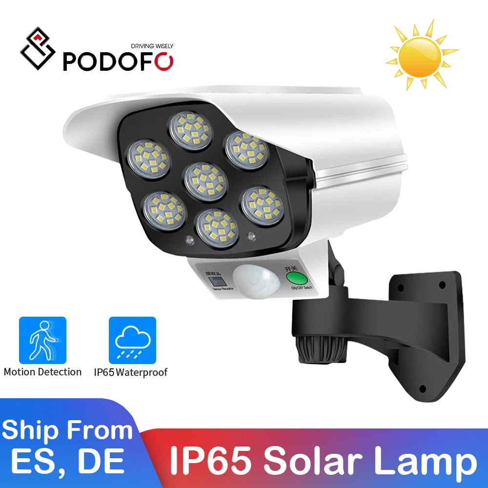 Podofo 77LED Solar Panel Light Outdoor Powerful Wall Street Light With IR Motion Sensor Dummy Camera IP65 For Yard Garden Tree