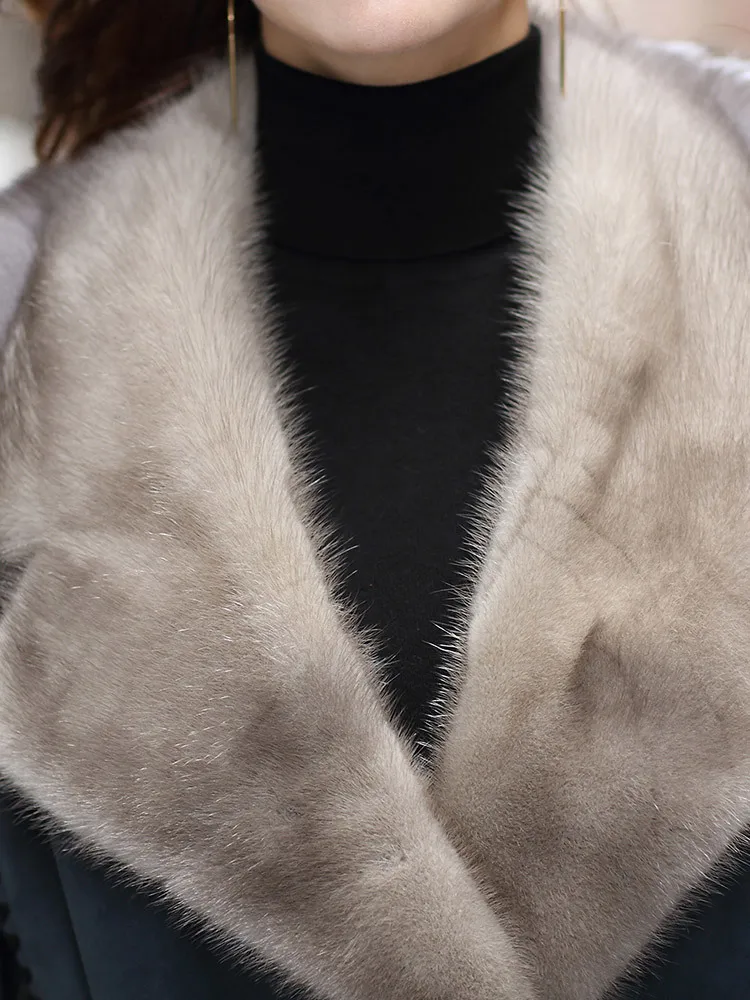 Winter Coat Women Double Faced Real Fur Coat Female Luxury Natural Wool Fur Coats Mink Fur Collar Real Leather Jacket MY