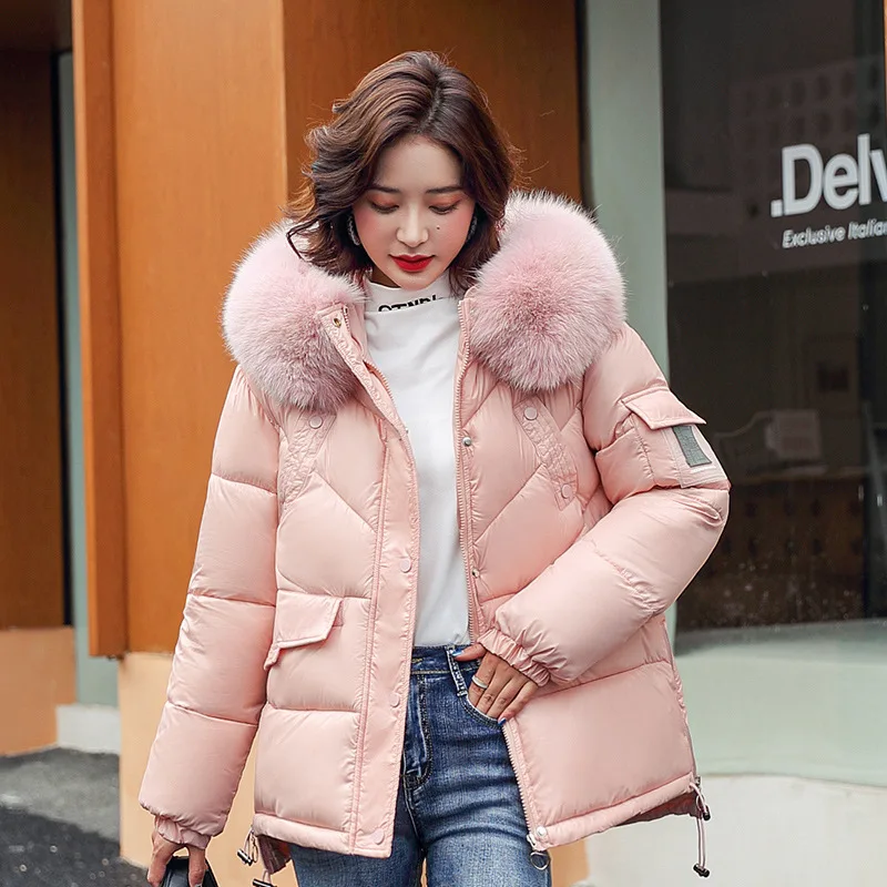 Hooded Parkas Women 2021Thick Warm Short Gloosy Parka Coat Fashion Pocket Winter Jackets Women Solid Casual Coat With Fur Collar