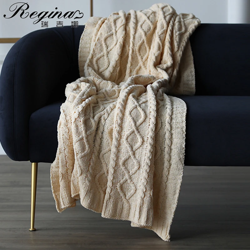 

REGINA Brand Twist Plaid Chunky Knit Blanket Super Soft Cozy Chenille Brespread On The Bed Breathable Wearable Travel Blankets