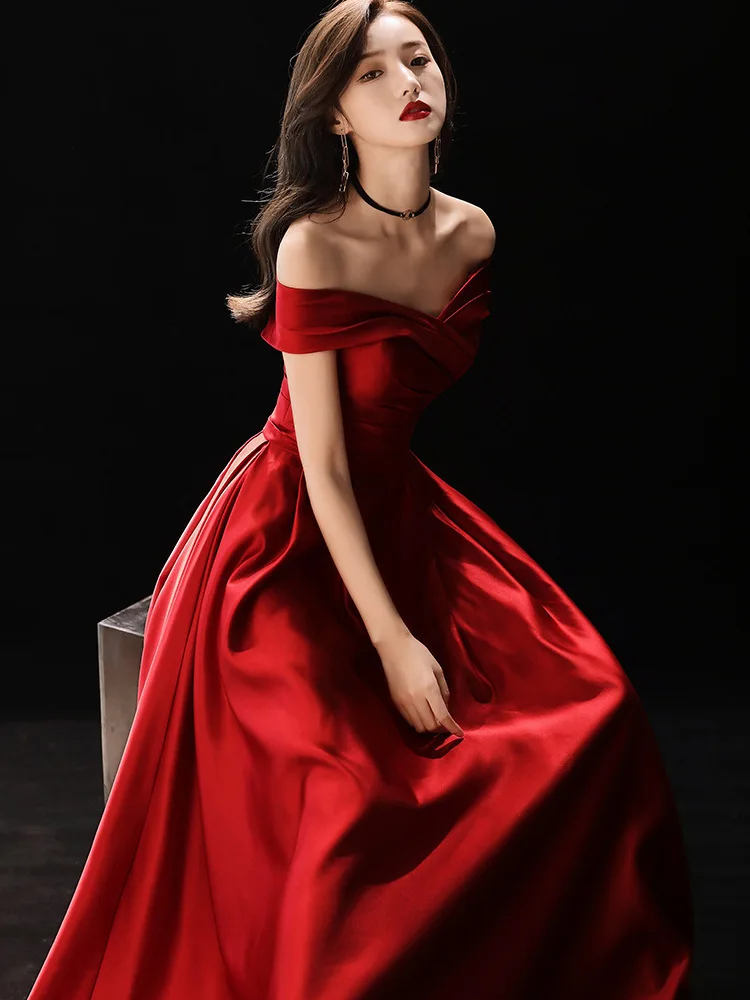 Long Evening Dress Female Shoulder Noble Temperament Large Size Wine Red Toast Dress Bride Annual Meeting Host