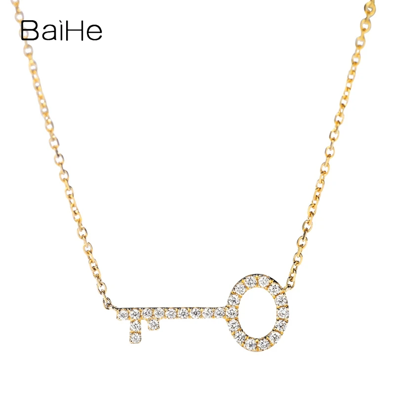 

BAIHE Solid 18K White/Yellow/Rose Gold H/SI Natural Diamond Key Necklace Women Men Clavicle Chain Fine Jewelry Clé Collier