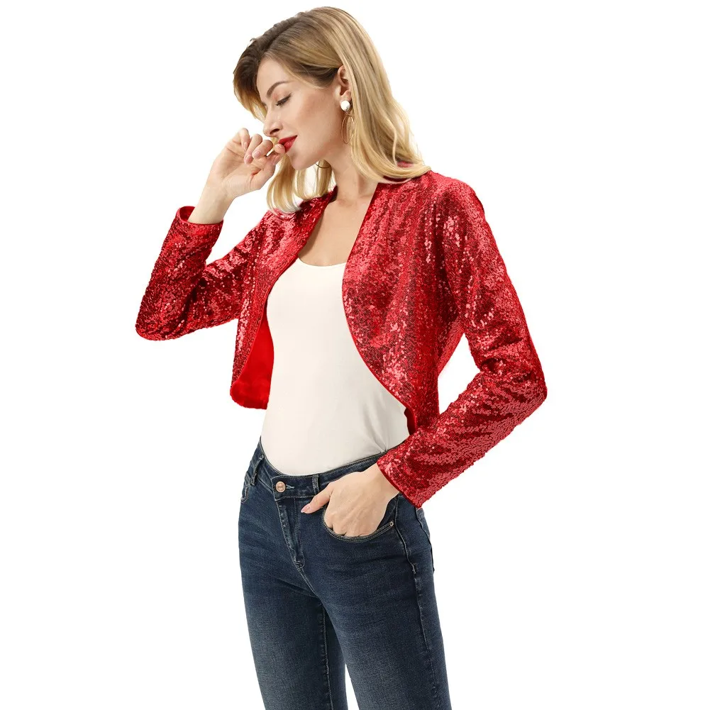 Women\'s Sequined Bolero Slim Shrug And Coats Spring Fall Tops Clothes Fashion Long Sleeve Open Front Sparking Sequins Jacket