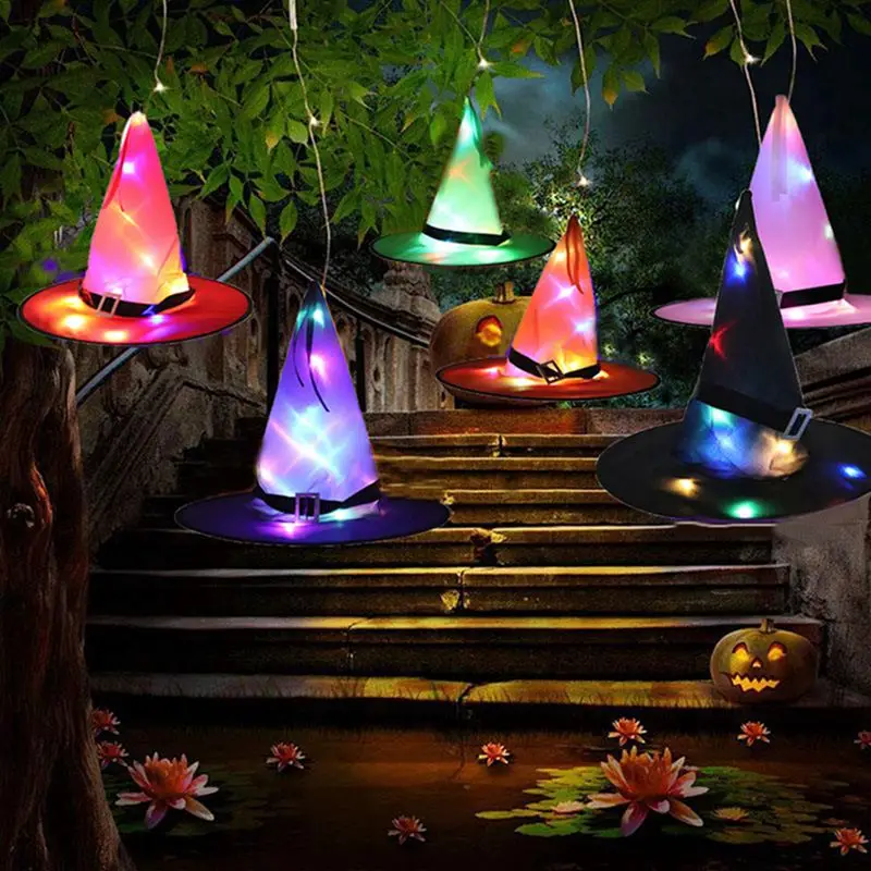 

LED Lights Halloween Witch Hat For Kids Party Halloween Decoration Witch Hat Decor Supplies Outdoor Tree Hanging Ornament