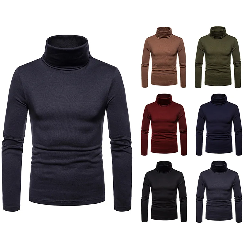 New Arrival Men's Fleece Warm Long Sleeve T Shirts Korean Style Fashion Solid Color Turtleneck Men Tshirt Base Shirt Streetwear