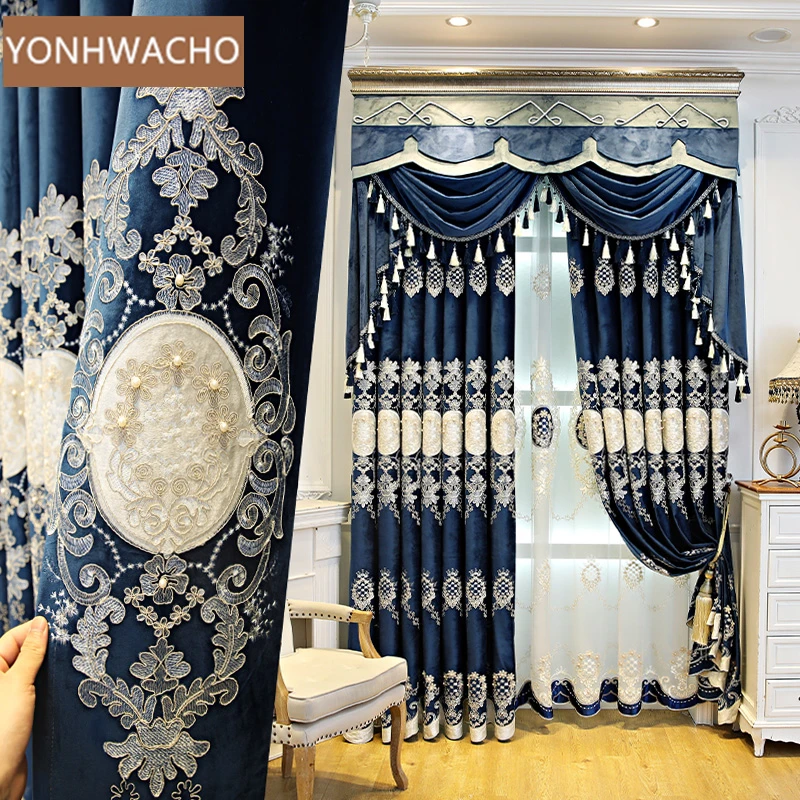 Custom curtain European embroidered living room luxury atmosphere velvet blue cloth blackout curtain valance tulle panel C311