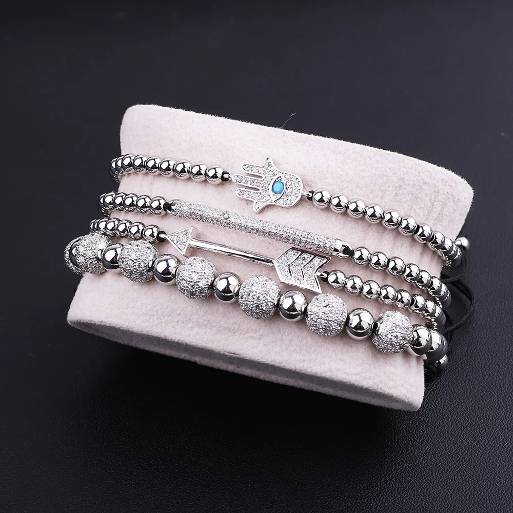 JARAVVI High Quality New Stainless Steel Beads Luxury CZ Blue Hand Arrow Charm Women Men Bracelet Bangle Jewelry Gift