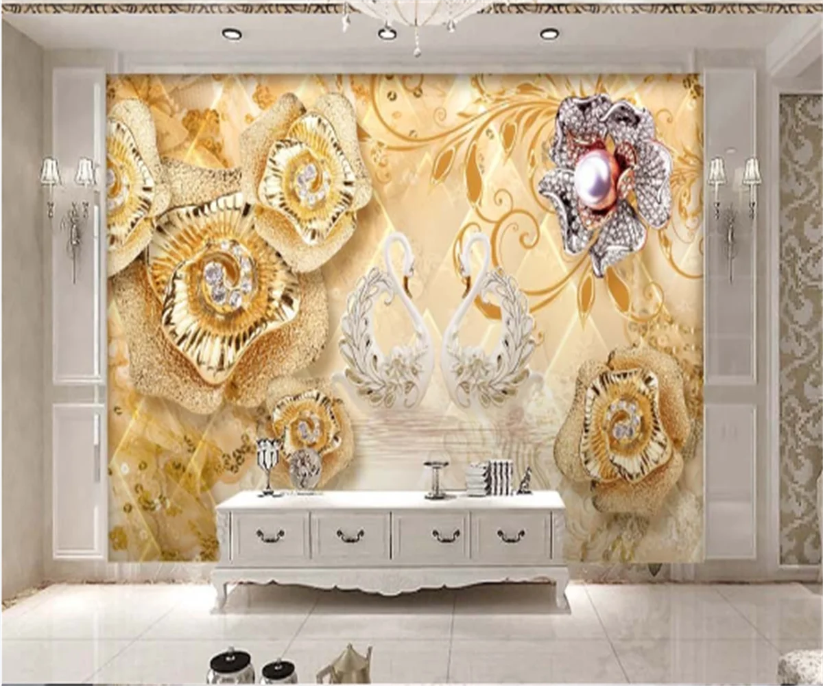 

Custom fashion romantic imitation jewelry diamond Swan Lake gold flowers European luxury background wall painting wall stickers