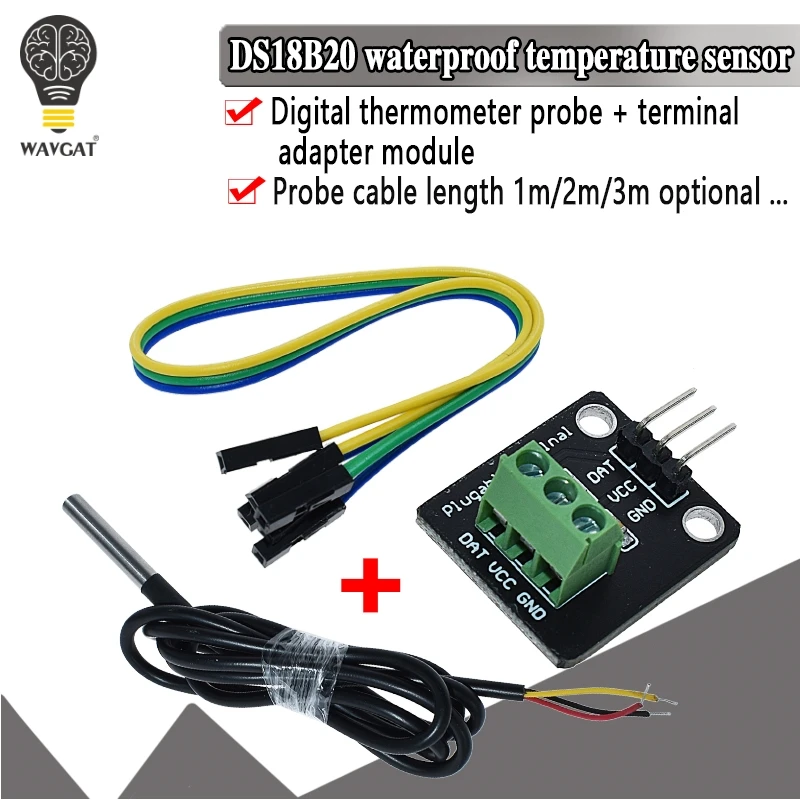 DS18B20 Temperature Sensor Module Kit Waterproof 100CM Digital Sensor Cable Stainless Steel Probe Terminal Adapter For Arduino